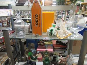 lot 21 image: GLASS DECANTER, METAL TIN, HISPANIC DANCER FIGURES, GLASS BELLS AND MORE.