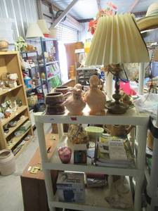 lot 26 image: STONEWARE BOWLS, LAMP, CERAMIC DUCKS, ANGEL, CERAMIC PURSE, PITCHER AND MORE