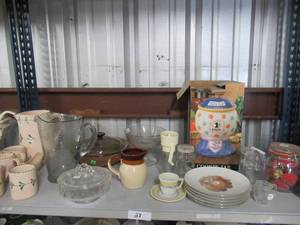 lot 28 image: CERAMIC COOKIE JAR, GLASS JARS, CERAMIC PITCHERS AND MORE