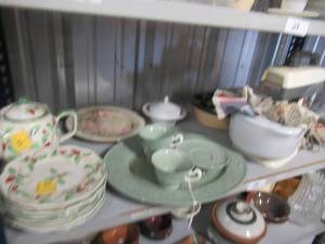 lot 29 image: CERAMIC TEA POT,  PLATES, GLASS BUTTER DISH AND MORE