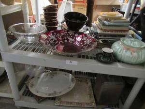 lot 34 image: STONEWARE BOWLS, RED GLASS PLATE AND CUP, ICE BUCKETS AND MORE