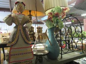 lot 35 image: VINTAGE DOLL, VINTAGE GLASS AND BRASS COFFEE DISPENSER, VASE WITH FAUX FLOWERS, WINE RACK, PLATES AND MORE