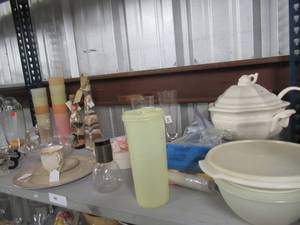 lot 41 image: CERAMIC BOWL WITH SPOON, 2 WINE GLASSES, DECORATIVE BOTTLES, GLASSWARE AND MORE