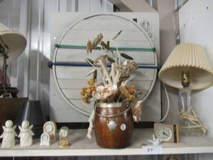 lot 54 image: FAUX FLOWER ARRANGEMENT, GLASS LAMP, MINI CLOCKS AND CERAMIC ANGELS