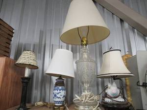 lot 59 image: BUNNY CERAMIC LAMP, GLASS LAMP, COBALT BLUE AND WHITE LAMP AND CERAMIC LAMP WITH MUSICAL NOTES SHADE