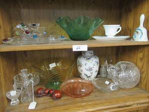 lot 66 image: GLASSWARES, CERAMIC BELL AND VASE AND MORE