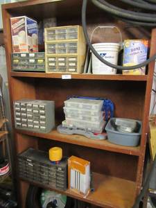lot 101 image: 4 STORAGE BINS, 5 PLASTIC NUTS AND BOLTS CONTAINERS WITH CONTENTS, SOAKER HOSES AND MORE