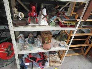 lot 169 image: SMALL WOOD ROCKING HORSES, CAROUSEL HORSE, CERAMIC BIRD, 3 CERAMIC BUNNIES AND MORE