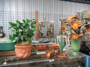 lot 172 image: LARGE COPPER AND WOOD LADLE, 2 FAUX FLORAL ARRANGEMENTS AND FAUX CACTUS