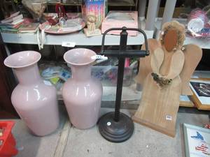 lot 187 image: 2 CERAMIC VASES, FREE STANDING TOILET PAPER STAND AND WOOD ANGEL