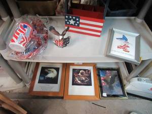 lot 191 image: WOOD AMERICAN FLAG BOX WITH HANDLE, CERAMIC EAGLE, AMERICAN RABBIT, 3 EAGLE PICTURES AND MORE