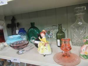 lot 197 image: GLASS BOTTLES, DISHES, CERAMIC FIGURE AND MORE