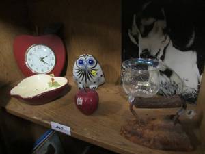 lot 203 image: ANTIQUE IRON, CERAMIC APPLE, APPLE DISH AND CLOCK, GLASS BOWL, CERAMIC OWL AND DOG PICTURE