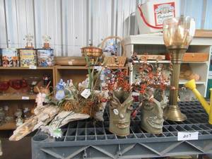 lot 207 image: MARDI GRAS CERAMIC DISPLAYS WITH BEADS FOR HAIR, CANDLE HOLDER, 2 SMALL WATERING CANS AND FAUX FLOWERS