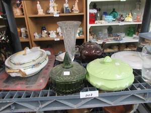 lot 208 image: MILK GLASS DISH, CERAMIC SERVING DISH, 2 GREEN CANDY DISHES, TEAPOT AND GLASSWARE