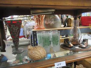 lot 214 image: COPPER LANTERN WITH BABY SHOES, DRINKING GLASSES, CERAMIC QUAIL AND MORE