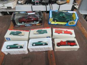 lot 227 image: FORD MUSTANG COBRA DIE CAST, OLD FORD COUPE DIE CAST, 2 1955 BEL AIR CARS AND 1939 WARD LA FRANCE FIRE TRUCK