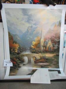lot 230 image: THOMAS KINKADE LITHOGRAPH MOUNTAIN CHAPEL WITH COA. 40 X 32 UNFRAMED