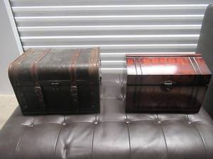 lot 19 image: SUITCASE DECORATIVE TRUNK BOX 15 X 11 X 10 AND WOOD DECORATIVE JEWELRYSTORAGE BOX 14 X 9 12 X 10