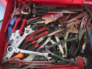 lot 5 image: TOOLS INCLUDING END WRENCHES, PLIERS, VISE GRIPS, CRESCENT WRENCHES, NEEDLE NOSES AND MUCH MORE