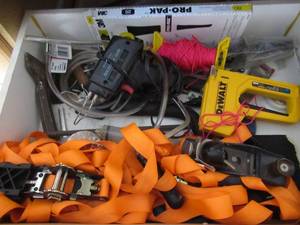 lot 12 image: ARCHER 100W SOLDERING GUN, DeWALT STAPLER, 2 TIE DOWNS AND RATCHETS AND MORE IN DRAWER
