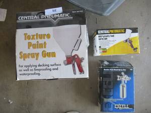 lot 39 image: CENTRAL PNEUMATIC TEXTURE PAINT SPRAY GUN ITEM# 66103, CENTRAL PNEUMATIC HVLP GRAVITY SPRAY GUN AND DeVILBISS EXCEL SUCTION FEED DETAIL SPRAY GUN MODEL# ES2