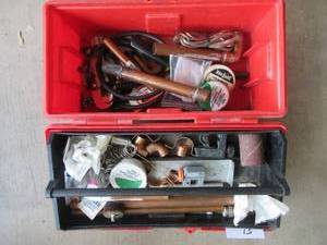 lot 51 image: SOLDERING TOOL BOX WITH COPPER PIPE AND ACCESSORIES
