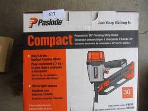 lot 57 image: PASLODE PNEUMATIC COMPACT CORDLESS FRAMING NAILER MODEL# F325R IN BOX
