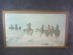 lot 29 image: SIMULATED OIL PAINTING LOST IN A SNOW STORM-WE ARE FRIENDS BY CHARLES M. RUSSEL 1864-1926 39.5 X 23.6