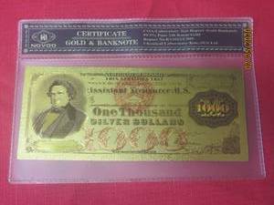 lot 70 image: NOVDO CERTIFICATE GOLD & BANKNOTE $1000 DOLLAR BILL .999 PURE 24K GOLD WITH COA