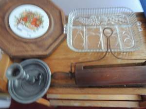 lot 116 image: EASY LINER  SHELF LINER -NEW,   HOT PAD  GLASS RELISH TRAY  HOT PLATE TRIVET  PEWTER CANDLE HOLDER