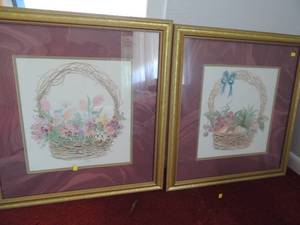 lot 169 image: ART -  NEEDLEPOINT - SLEIGH RIDE 1979  WINTER VILLAGE 27 X 22  FLOWERS IN VASE -SANDRA 1999- 18 X 25  BASKET OF FLOWERS 18 X 20  QTY 2