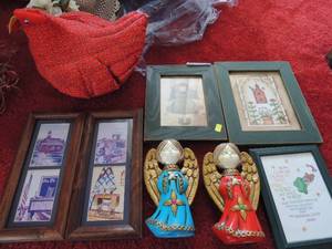 lot 36 image: DCOR  ART  - FOLK 8X9, BEDTIME PRAYER 6 X9 BIRDHOUSE & FLOWERS 8 X 10 ANGEL STATUES X 2 HEART BASKET CHICKEN SEWING MACHINESCHOOL HOUSE 6 X 11