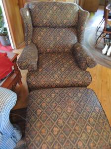 lot 53 image: BLUE EASY CHAIR - FLORAL DESIGN WITH OTTOMAN