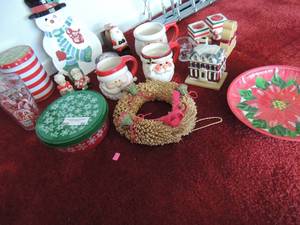 lot 90 image: CHRISTMAS - SANTA MUGS, CANDLE HOLDERS X2  COFFEE MUG WREATH  HOUSE & MORE