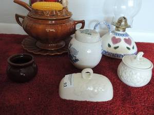 lot 93 image: BAUER SOUP TUREEN W PLATE HEART LATERN GINGER JAR COVER FOR BUTTER DISH     CANDY JAR
