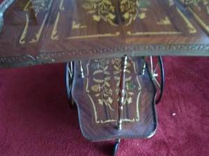 lot 31 image: VINTAGE BURLEMOS SERVING TROLLEY WITH EBONIZED HANDLE, PIERCED RAIL AND INCISED METAL FOLIAGE DECORATION  Circus 1950-60s, - TOP - 33 x 29 - FROM ENGLAND