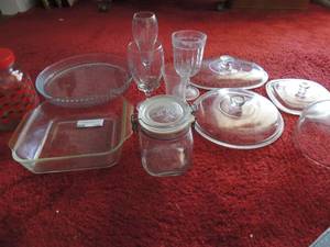 lot 150 image: GLASSWARE - PYREX SQUARE DISH 8 X 8   GLASS LIDS  GLASS JAR WITH LID - STRAWBERRY   WINE GLASSES   PIE PLATE  AND MORE