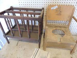 lot 158 image: WOODEN TODDLER POTTY CHAIR   &  WOOD DOUBLE SIDED MAGAZINE RACK
