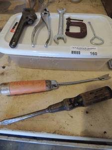 lot 160 image: TOOLS   - C CLAMP   PIPE WRENCH,  PLIERS  SCRERWDRIVER AND MORE