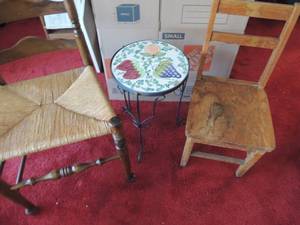 lot 50 image: LADDER BACK CHAIR- WICKER SEAT 42H SMALL  CHILDS  CHAIR,  Ceramic top stool 20 x 12