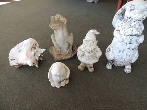 lot 122 image: CERAMIC YARD STATUES - FROG 12, BUNNY - 6  & 12 TROLL  -11  & LARGE SHELL