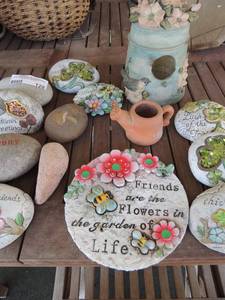 lot 128 image: MESSAGE ROCKS  YARD DECORATIONS QTY 12  WELCOME FRIENDS   HARMONY   AUTUMN GREETINGS  PINK ROCK   MUSHROOM   IRISH BLESSINGS  X 3  LUCK OF IRISH   BIRD HOUSE   AND MORE