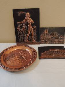 lot 63 image: COPPER & LEATHER ART FROM GREECE  PARTHEON,  9.5 X 6.5  QTY 2  13 10  QTY 1 JANGIG PLATE GREECE