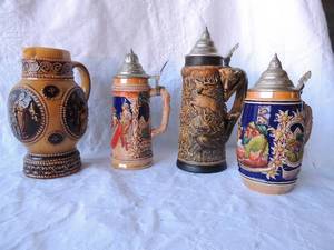 lot 75 image: GERMAN STEINS - ARADEL BEIM BEAR,HANDGEMALT, AR BERLIN R5543 DIE GRUME HEID  FOX HANDLE DEER SCENE   (QTY 4)