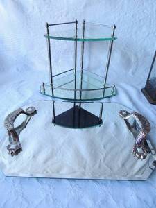 lot 91 image: MIRROR TRAY  16 X 12 W UNIQUE HANDLES SHELF DCOR,   10 SHELF- GLASS & METAL  10 X 8