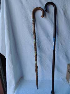 lot 96 image: GERMAN WALKING CANE WITH POINT TIP WITH Metal Decals from 25 Different European Countries    DARK WOOD CANE 37