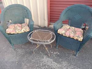 lot 110 image: PATIO Porch Furniture GREEN WICKER CHAIRS with cushions qty x 2     16x22x17