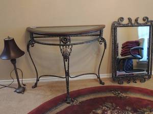 lot 44 image: Entryway Table, Lamp  And Mirror Set -   Matching Set  -HALF MOON SHAPED WOOD TOP WITH GLASS INSERT TABLE  32h x 38w  x  18d Mirror 36 x 23  lamp 28 h -   BRONZE  PEWTER