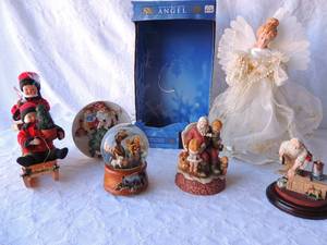 lot 115 image: 14 fiber optic ANGEL,  Santa plate and bottom to stand Artistic 2 ceramic children on a sled , Santa holding children ceramic by Buena parks Jesus snow globes Santa workshop statue no name   6 PCS TOTAL